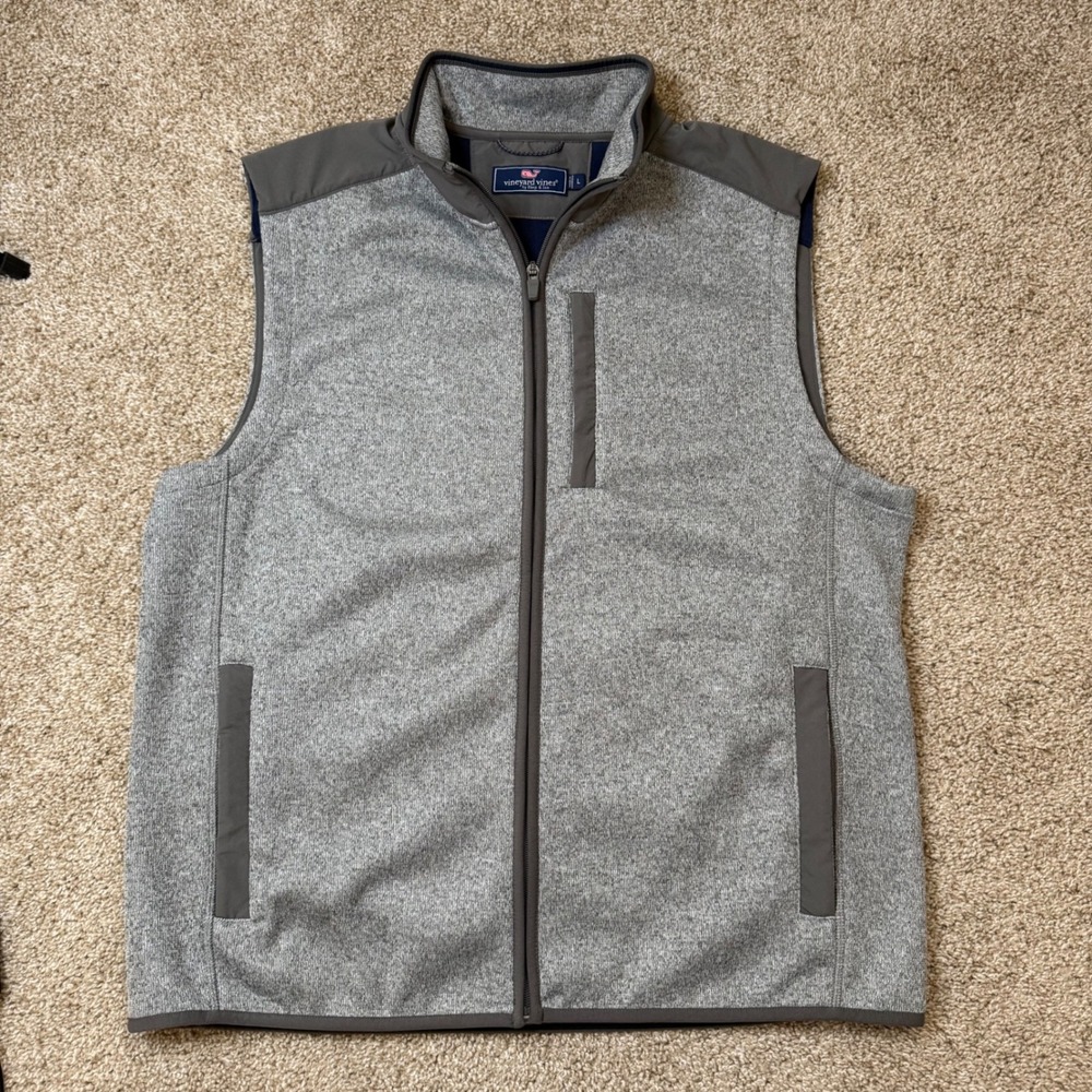 Vineyard Vines Vest Mens Large Gray Full Zip Sweater Fleece Heathered Pockets